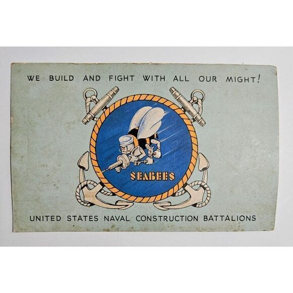 WWII 1942 Seabees Postcard U.S. Naval Construction Battalions Logo Navy MAILED - Picture 1 of 4